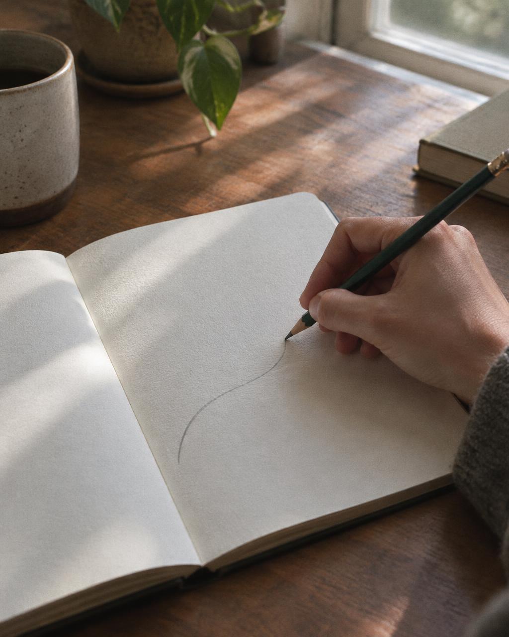 Une main dessine un tracé au crayon dans un carnet ouvert, lumière douce