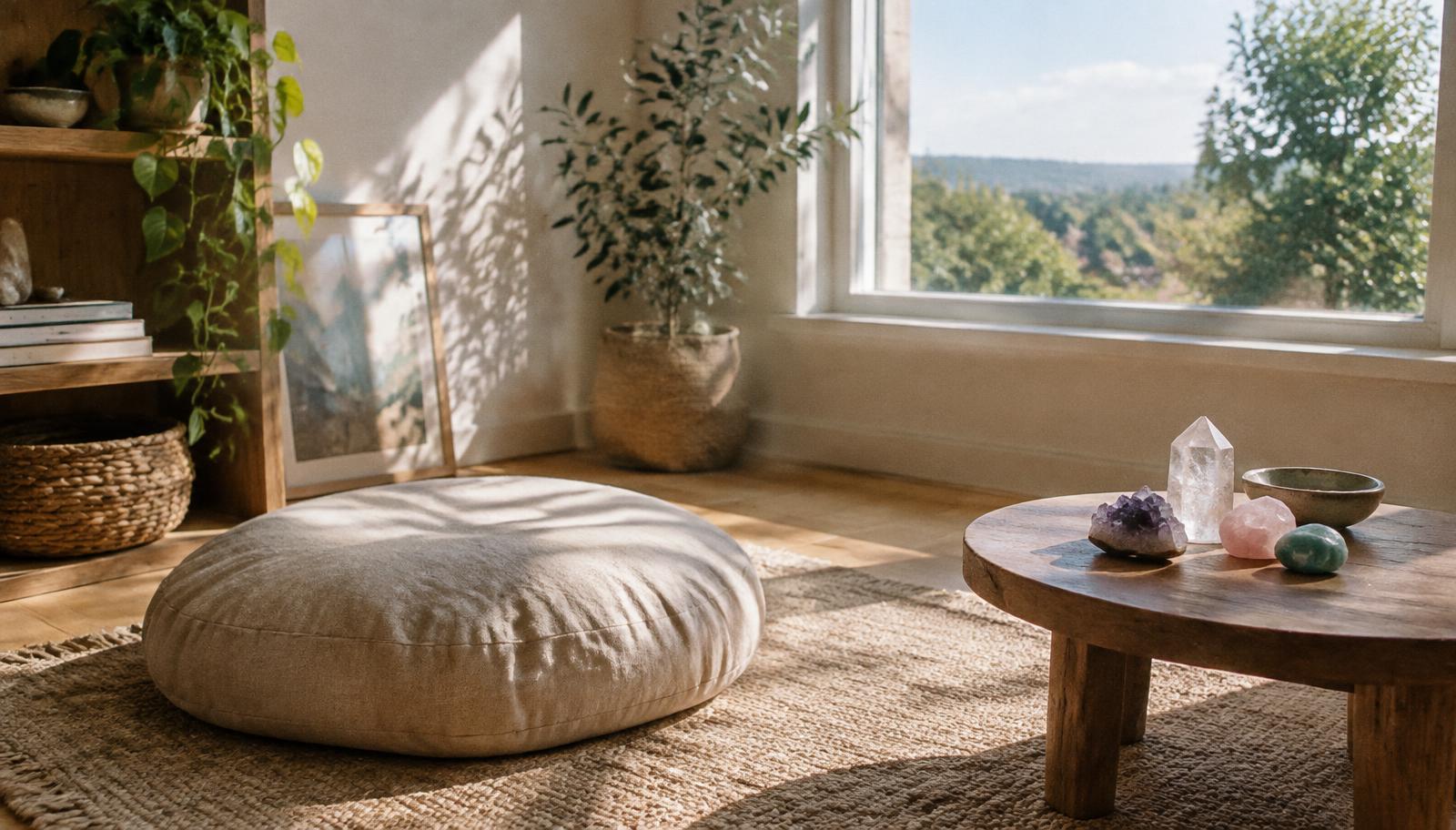 Un coin de pratique lumineux, un coussin et quelques cristaux