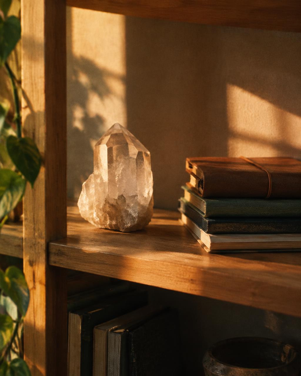 Une étagère avec un quartz et des carnets de pratique