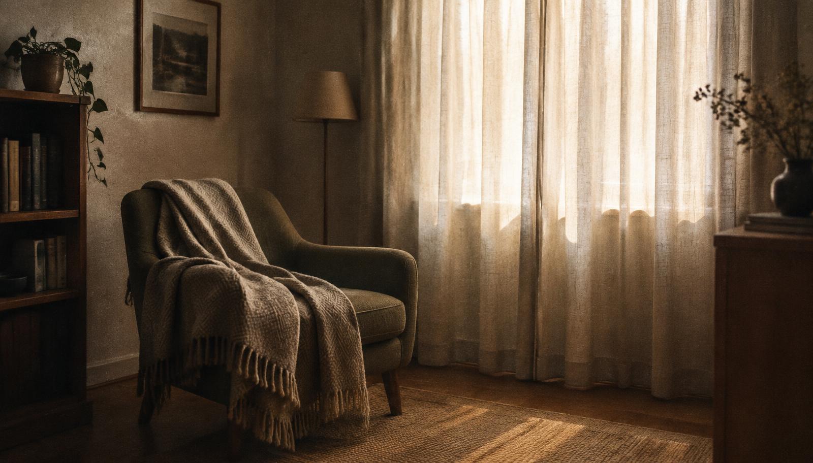 Une chambre claire au matin, fenêtre ouverte sur des arbres