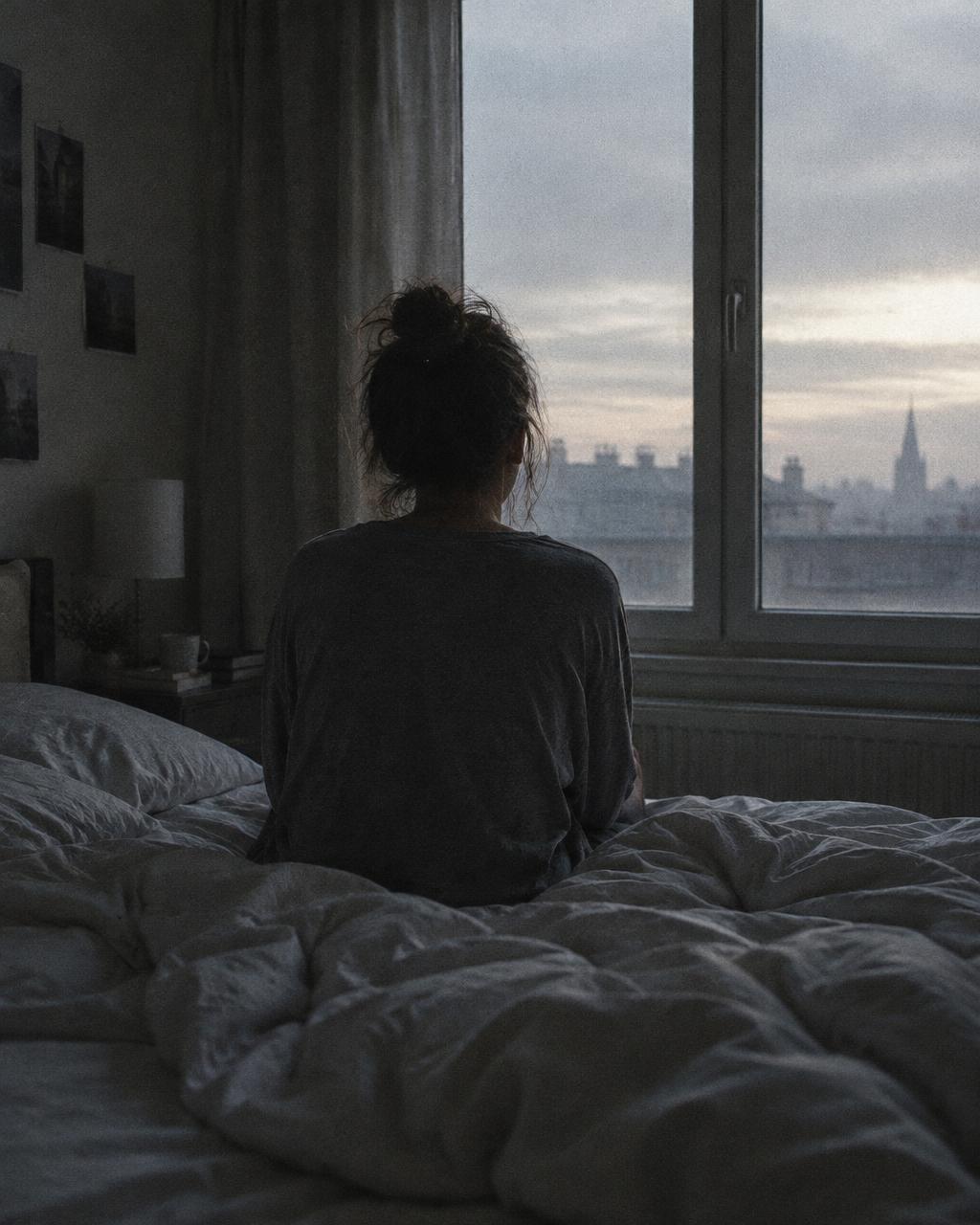 Un lit défait au petit matin, lumière bleue