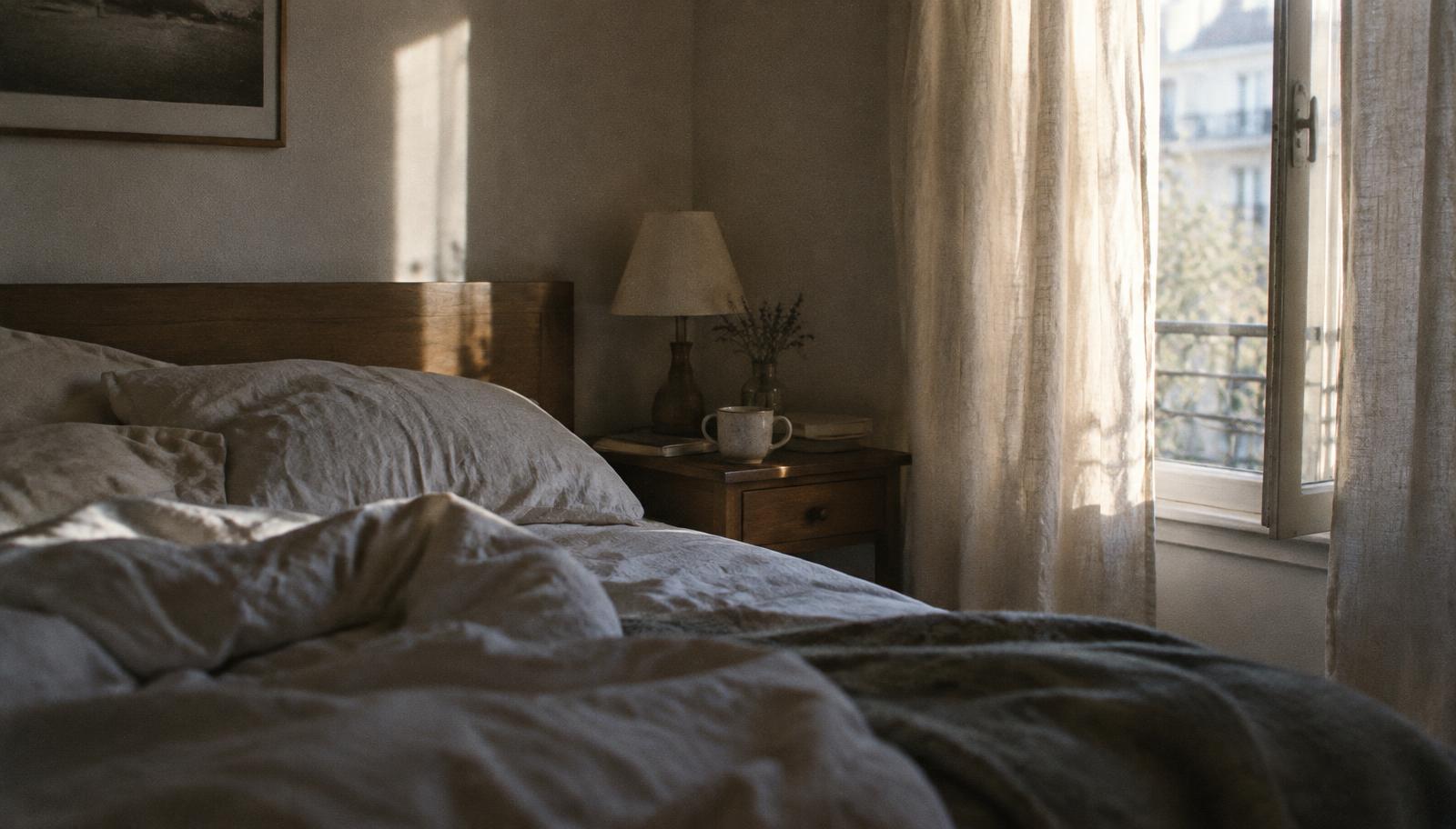 Une chambre au matin, rideaux entrouverts, lit fait