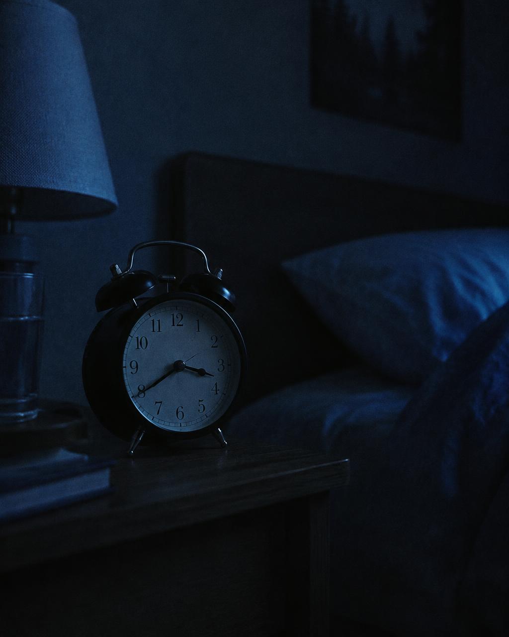Un réveil sur une table de nuit dans la pénombre, un lit défait