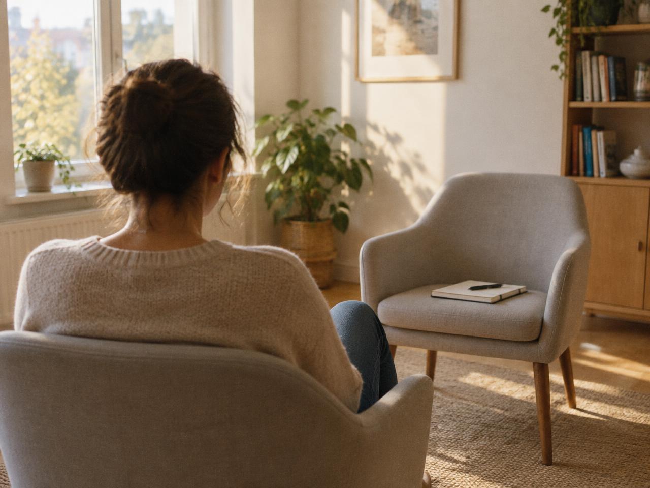 Des mains posées sur le ventre d'une personne assise, vue de dos