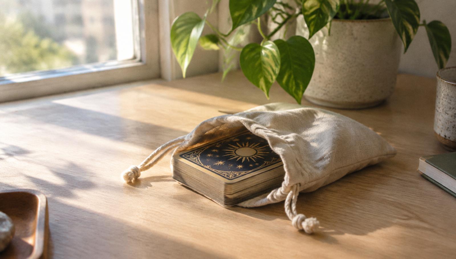 Un jeu de tarot rangé dans un tissu sur un bureau clair, lumière du matin