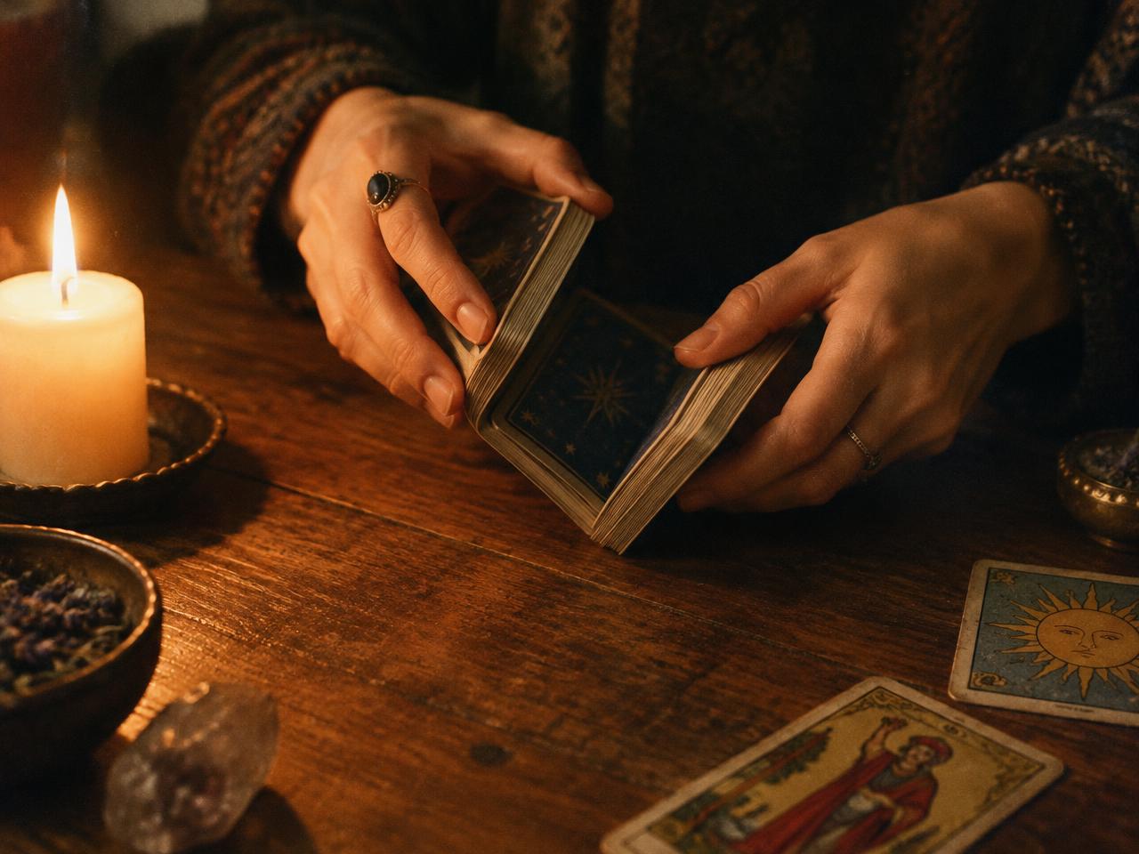 Des mains coupent un jeu de tarot sur une table en bois, près d'une bougie
