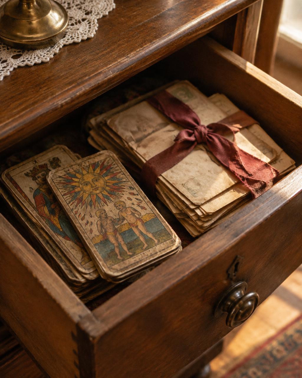 Un vieux jeu de tarot dans un tiroir de commode, à côté de lettres anciennes