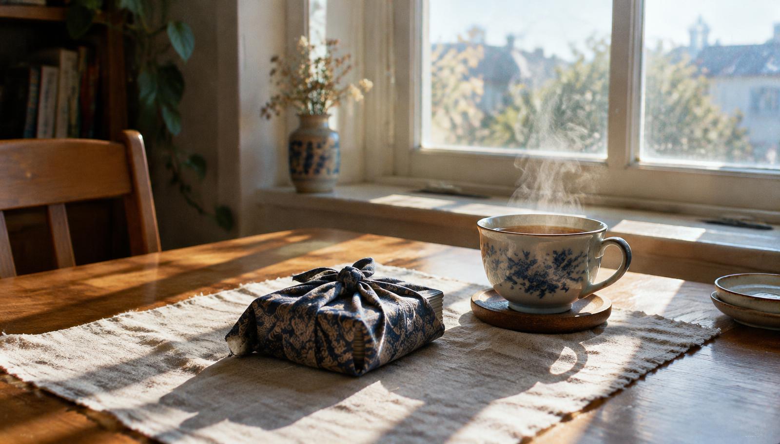 Une table rangée au matin, le jeu enveloppé dans un tissu, une tasse de thé