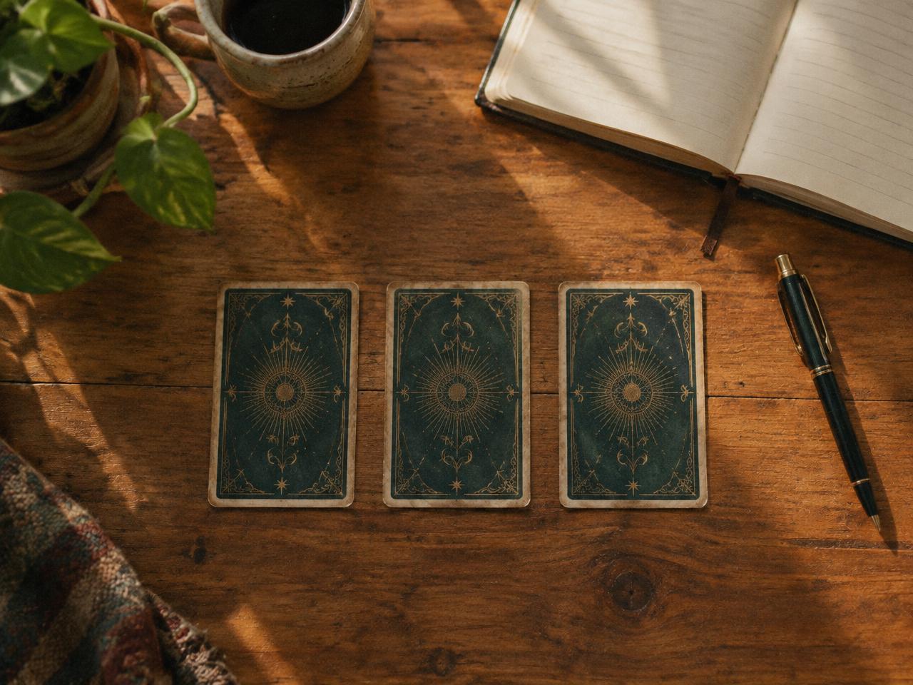 Vue de dessus : trois cartes retournées sur une table en bois, un carnet et un stylo