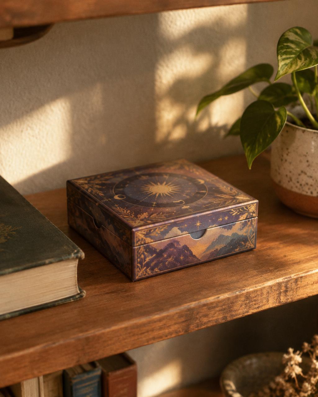 Une boîte de cartes d'oracle fermée sur une étagère, à côté d'un livre